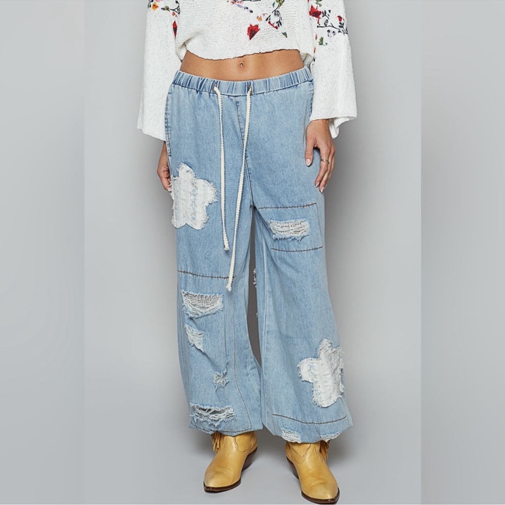 POL BRAND NEW LIGHT DENIM DISTRESSED PATCHWORK JOGGER - Picture 9 of 11